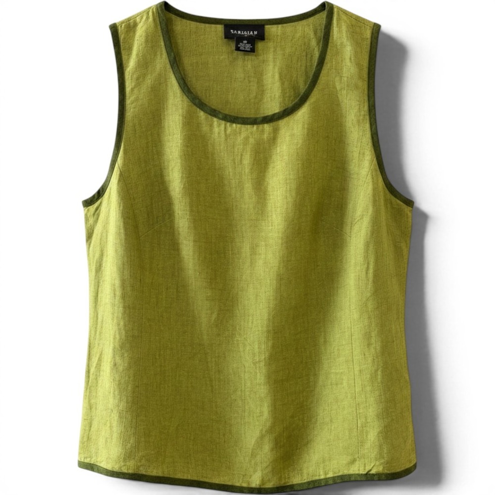 Parisian Signature Moss 100% Linen Sleeveless Top Contrast Trim 8P Lagenlook